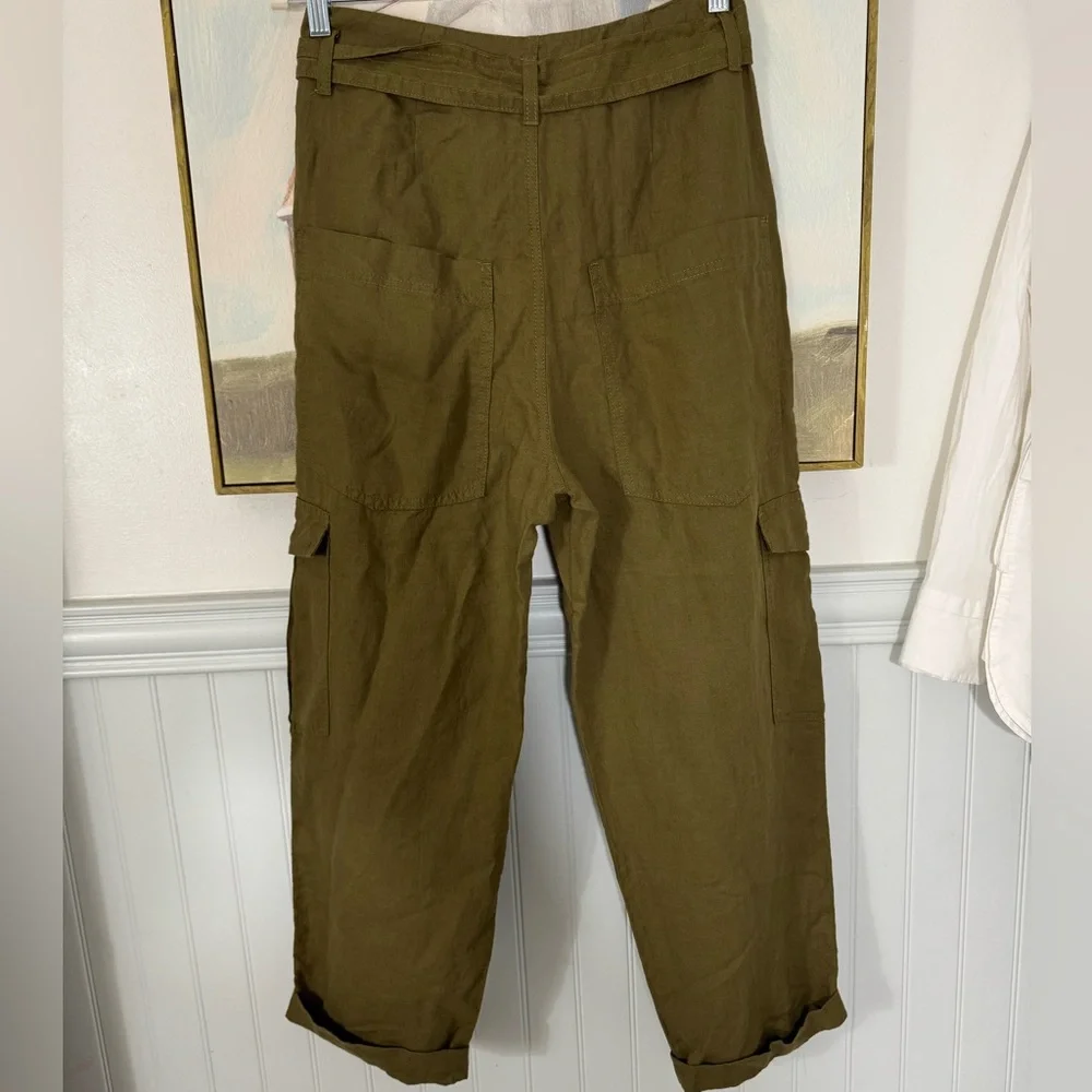 ZARA Army Green Linen Cargo High Waist Cropped Pant Size XS NWT